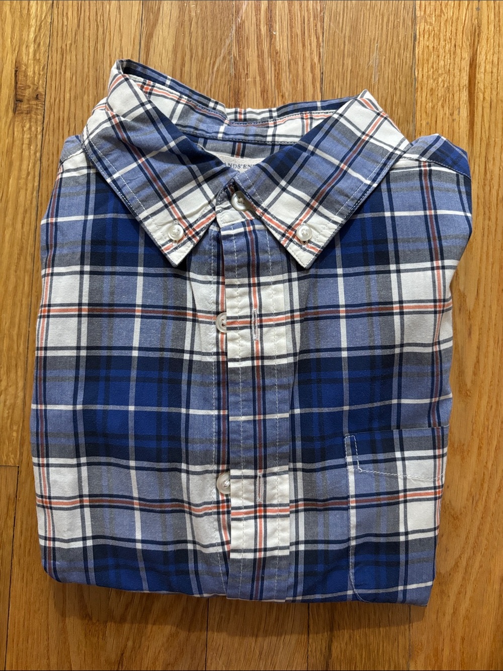 Lands' End Blue and White Plaid Button-Down Shirt with Orange Accents